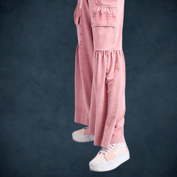 EASEL “Lovin’ It” Cotton Mineral Washed Pants Relax Fit Wide Ruffled Leg Pockets - Picture 6 of 14